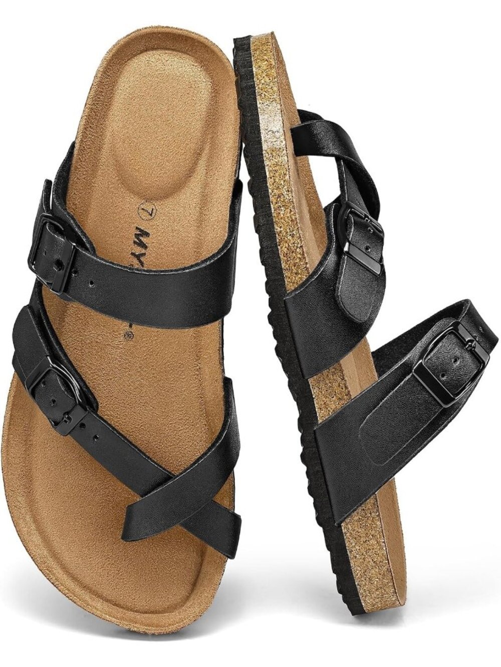 Women's Black Double Adjustable Buckle Slide Cork Footbed Slip On Sandal Shoes